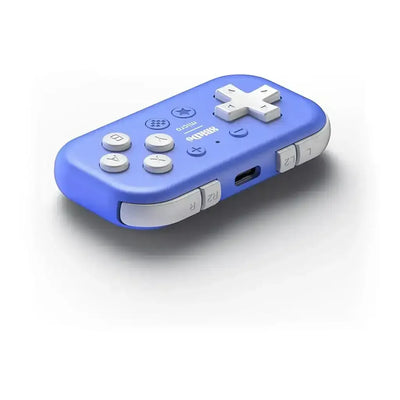 Niebieski mini gamepad bezprzewodowy Bluetooth do gier z białymi przyciskami i portem USB-C.