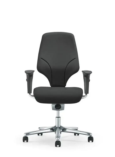 Czarny fotel biurowy ergonomiczny na kółkach z regulowanymi podłokietnikami, idealny do home office