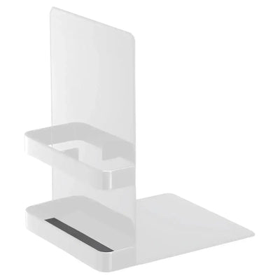 Biały metalowy podpórnik na książki z półkami, akcesorium biurowe na biurko