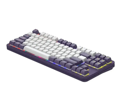 mechaniczna klawiatura biurowa z podświetleniem RGB, fioletowa obudowa, białe klawisze
