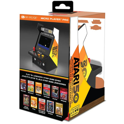 Mini automat do gier retro Atari 50 Micro Player Pro, opakowanie z klasycznymi grami