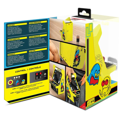 Pudełko żółtej mini konsoli retro arcade, motyw Pac-Man, widoczne grafiki, opis i sterowanie.