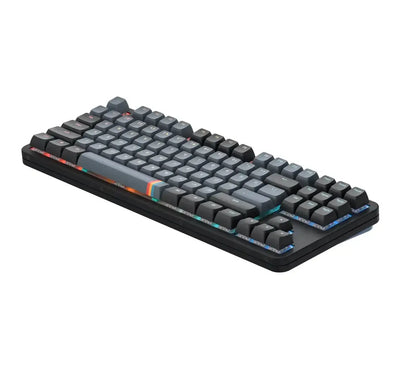 Klawiatura mechaniczna z szarymi keycapami, podświetlenie RGB, akcesoria biurowe