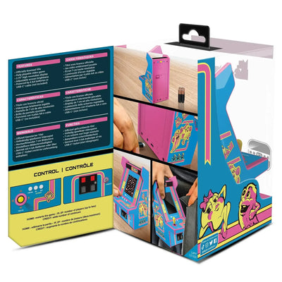 Mini automat arcade retro w stylu Ms. Pac-Man, kolorowy, idealny gadżet biurowy