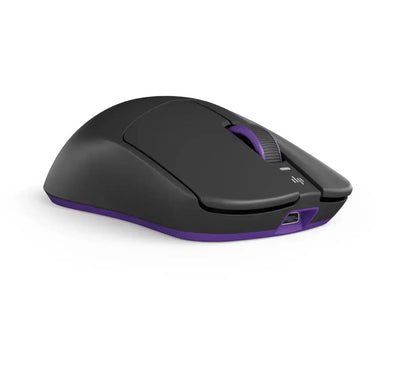 Czarna mysz bezprzewodowa z fioletowym akcentem, ergonomiczna do biura i home office