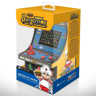 Konsola retro arcade BurgerTime w kolorowym opakowaniu, mini automat do gier z joystickiem.