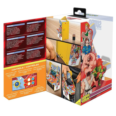 Opakowanie mini automatu arcade Street Fighter z grafiką postaci, instrukcje i przyciski sterowania.