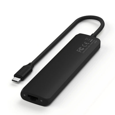 Czarny adapter USB-C 7w1 do laptopa, port Ethernet, nowoczesny design, akcesorium biurowe