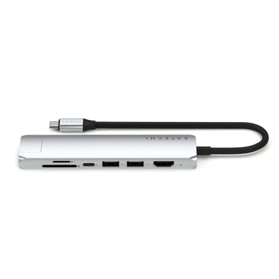 srebrny adapter USB-C 7w1 z portami USB, HDMI, Ethernet i czytnikiem kart, akcesorium biurowe