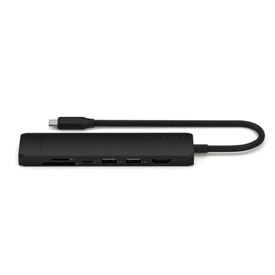 Czarny hub USB-C 7w1 z HDMI, Ethernet, czytnikiem kart, dwa porty USB do biura