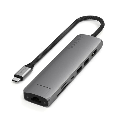 adapter USB-C 7w1, multiport, szary, ethernet, czytnik kart, porty USB, do biura