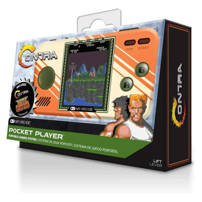 Konsola przenośna Pocket Player Contra w opakowaniu, retro gra, przyciski sterujące, ekran LCD.