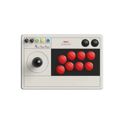 Kontroler arcade stick z czerwonymi przyciskami i joystickiem, retro akcesorium gamingowe.