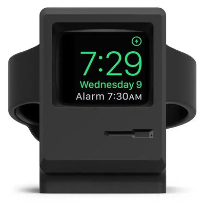 Czarny stojak do Apple Watch w kształcie retro monitora, idealny na biurko.