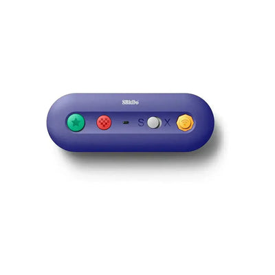 Fioletowy adapter USB 8BitDo do klawiatury mechanicznej, z kolorowymi przyciskami.