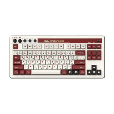 Mechaniczna klawiatura retro 8BitDo z czerwono-białymi klawiszami, idealna do biura i gamingu.