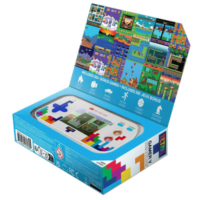 Konsola do gier retro Tetris Gamer V w opakowaniu, kolorowa grafika i przykładowe gry