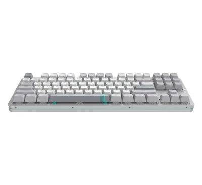 Biała i szara klawiatura mechaniczna do biura, podświetlenie RGB, kompaktowy design.