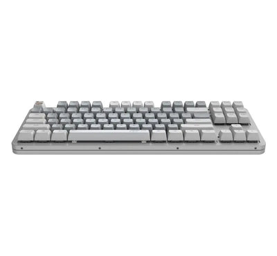 Klawiatura mechaniczna w kolorze szarym, ergonomiczny układ klawiszy, akcesoria biurowe