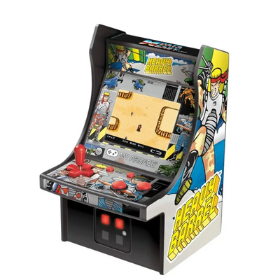 Miniaturowy automat arcade Heavy Barrel z joystickiem i kolorową grafiką retro