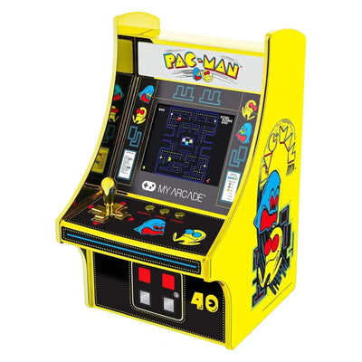 Żółty automat retro arcade Pac-Man z joystickiem i kolorowymi przyciskami, wyświetlacz z grą.