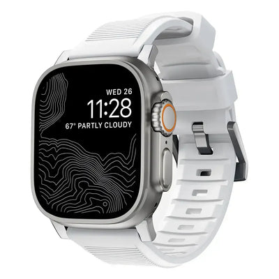 Smartwatch z białym paskiem, ekran z mapą topograficzną, nowoczesny zegarek