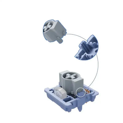 Niebieski switch mechaniczny do klawiatury z widocznymi detalami konstrukcji