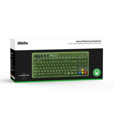 Zielona klawiatura mechaniczna retro 87 dla Xbox na białym tle, opakowanie produktu