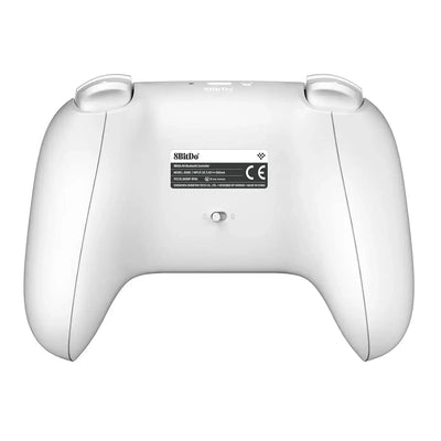 biały bezprzewodowy pad Bluetooth do gier, widok tyłu kontrolera, ergonomiczny kształt
