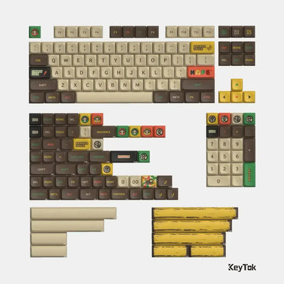 Kolorowe keycapy do klawiatury mechanicznej z motywami bananów i postaci, układ QWERTY.