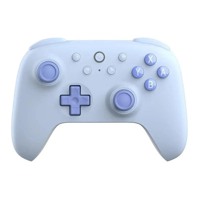 Niebieski bezprzewodowy gamepad Bluetooth z fioletowymi przyciskami, kontroler do gier