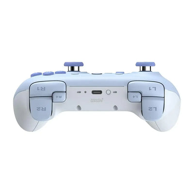 Biały pad Bluetooth do gier z niebieskimi przyciskami i złączem USB-C, widok z tyłu