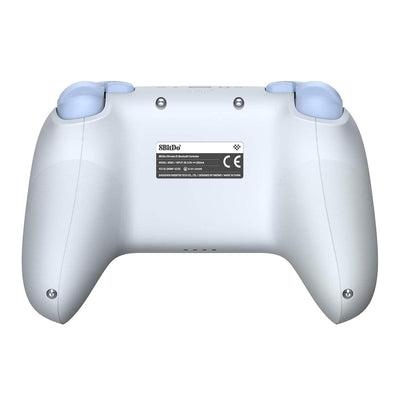 Biały pad Bluetooth do gier, widok z tyłu, ergonomiczny kontroler gamingowy