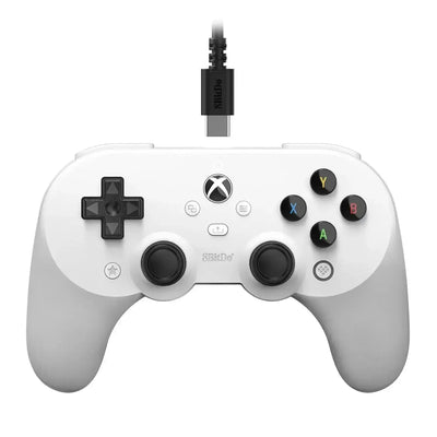 biały kontroler przewodowy do Xbox z kolorowymi przyciskami, widok z przodu