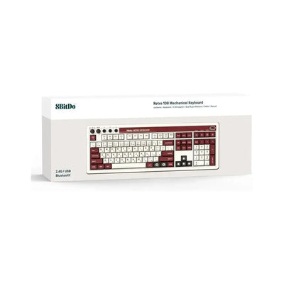 Klawiatura mechaniczna retro 108 klawiszy, białe i bordowe keycapy, pudełko produktowe.