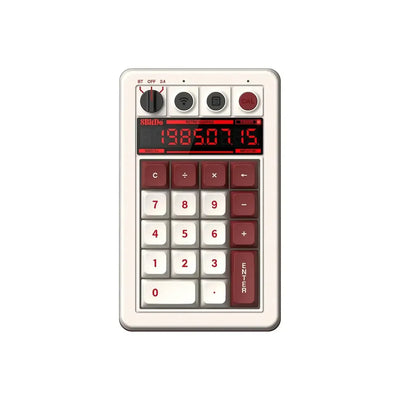 Mechaniczny numpad retro w kolorze białym i bordowym, z wyświetlaczem LED