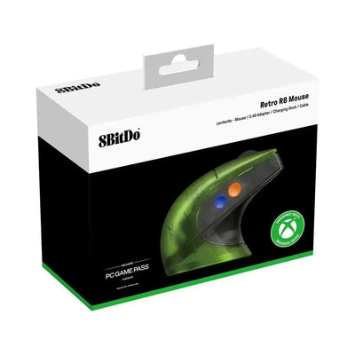 Opakowanie myszki 8BitDo Retro R8 Mouse Xbox Edition dla graczy PC, design inspirowany Xbox, zielony kolor.