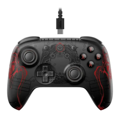 Czarny kontroler przewodowy do gier z czerwonym wzorem, przyciski ABXY, USB-C