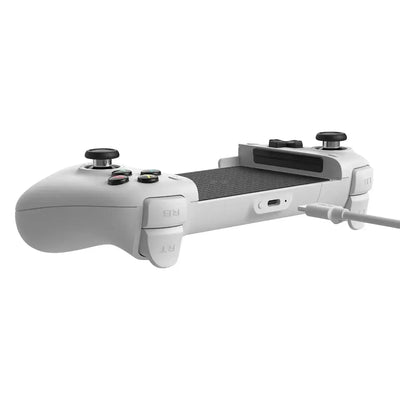 Biały gamepad do gier mobilnych, poziomy uchwyt, port USB-C, nowoczesny design