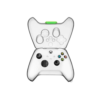 Biały kontroler do gier Xbox w przezroczystym etui ochronnym, akcesoria biurowe