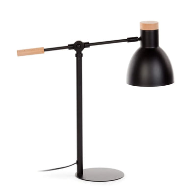 Czarna lampa biurkowa z drewnianymi detalami, nowoczesny design do home office