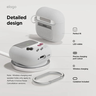 Białe etui do AirPods stylizowane na retro konsolę, z karabińczykiem i opcją ładowania bezprzewodowego.