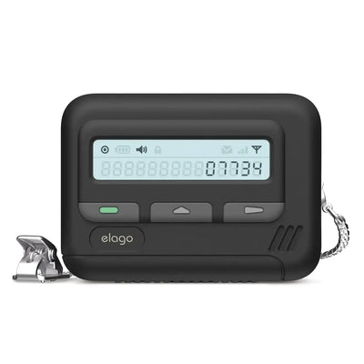 Czarna elektroniczna pagera z wyświetlaczem LCD, przyciskami i metalowym klipsem, akcesorium biurowe.