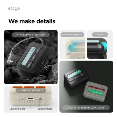 Etui ochronne na AirPods w stylu pagera, czarne i białe, podświetlany ekran, wycięcia na port ładowania.