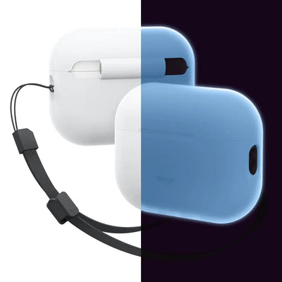 Etui na słuchawki AirPods, białe i niebieskie świecące w ciemności, z paskiem na rękę