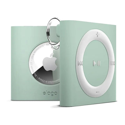 Miętowe etui do Apple AirTag, stylizowane na odtwarzacz muzyczny, z przyciskiem sterowania