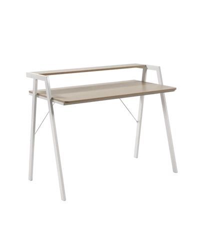 Minimalistyczne biurko z jasnego drewna i białymi nogami, idealne do home office