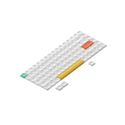 Białe keycapy do klawiatury mechanicznej z kolorowymi klawiszami space, enter i escape.