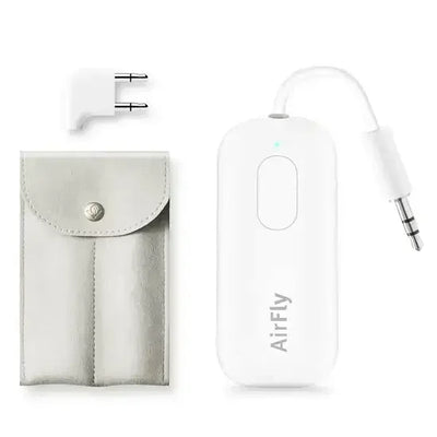Biały transmiter audio AirFly z gniazdem jack, adapterem i etui, akcesoria biurowe