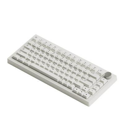 biała klawiatura mechaniczna z pokrętłem, minimalistyczny design, do biura lub home office